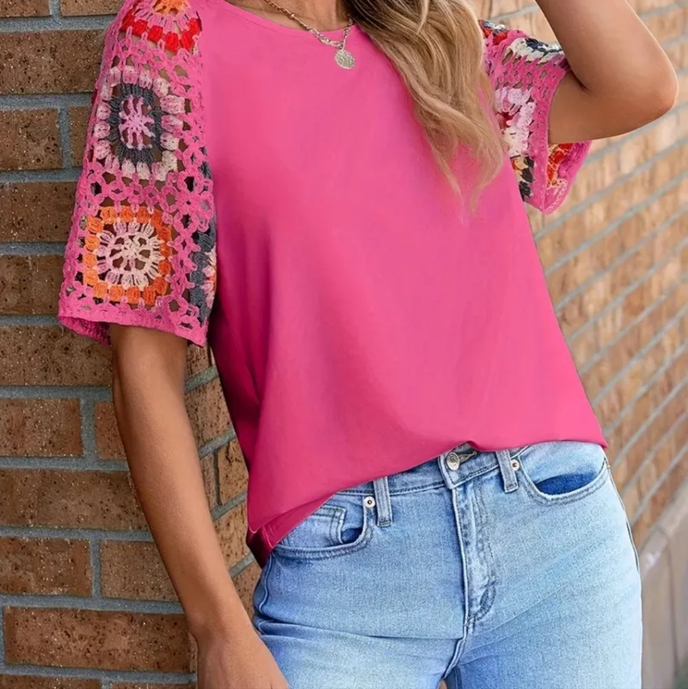 Pink Crochet Sleeve Women's Top Sz XL - Picture 3 of 4